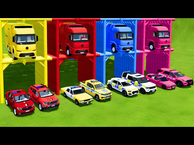 TRANSPORTING ALL POLICE CARS & AMBULANCE EMERGENCY VEHICLES WITH MERCEDES ELECTRIC TRUCKS ! FS22