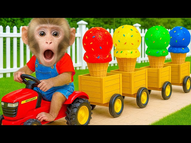 Monkey KOKI enjoys rainbow jelly ice cream and harvests fruits on the farm with his duck friend