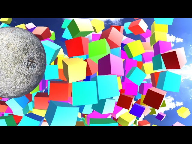 The pendulum collides with many multi-colored cubes in 360 degrees.