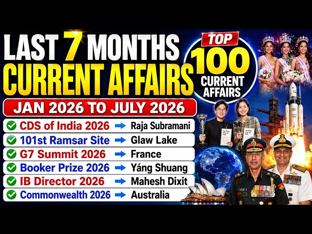 Last 7 Months Current Affairs 2026 | Top 100 Important Current Affairs 2026 | Jan 2026 to July 2026