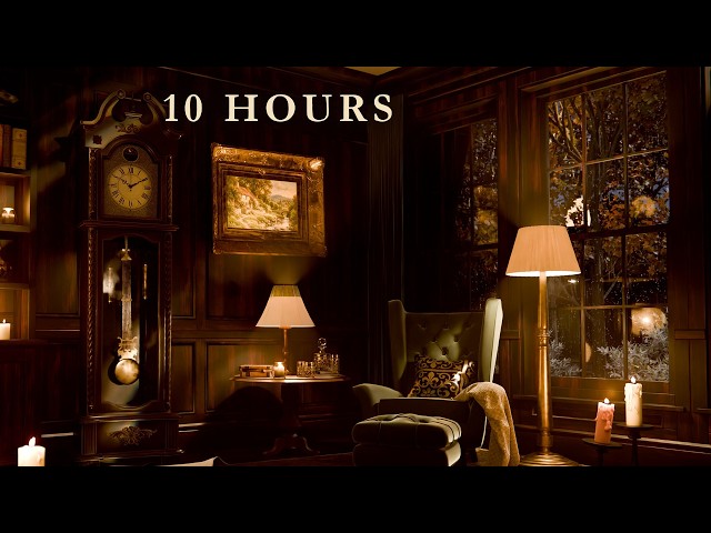 Grandfather Clock Ambience | 10 Hours of Rain in an Old Library