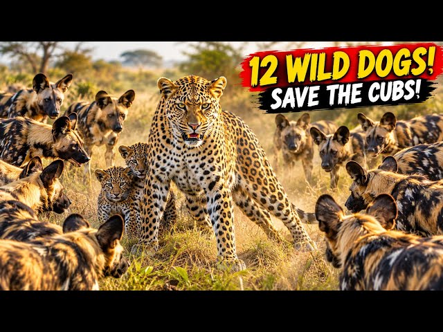 🐆12 Wild Dogs vs Leopard — Mother Protects Her Cubs!