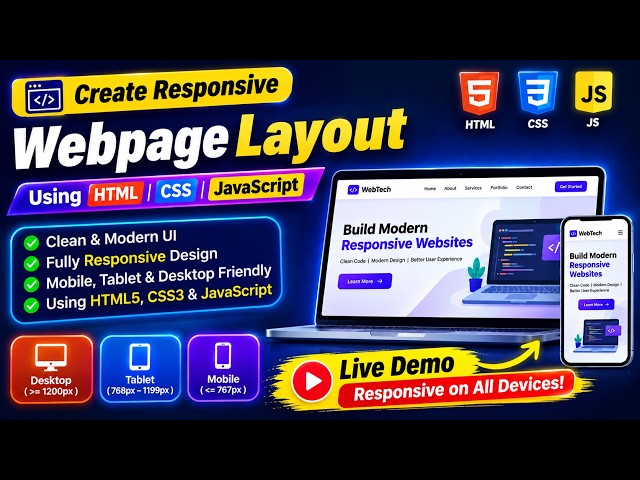 🌐 Create a Responsive Webpage Layout Using HTML, CSS & JavaScript | Complete Frontend Project