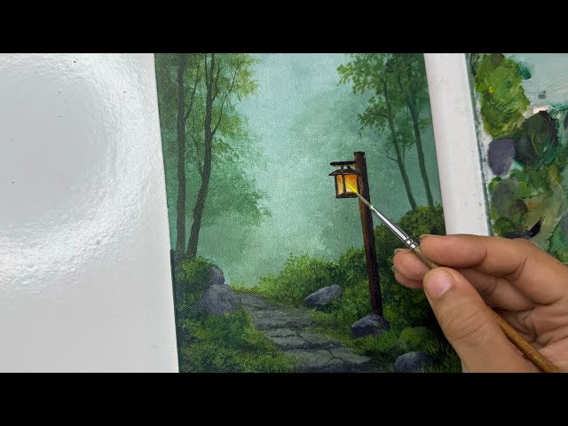 Painting a Peaceful misty Forest Pathway | Acrylic Painting tutorial for beginners