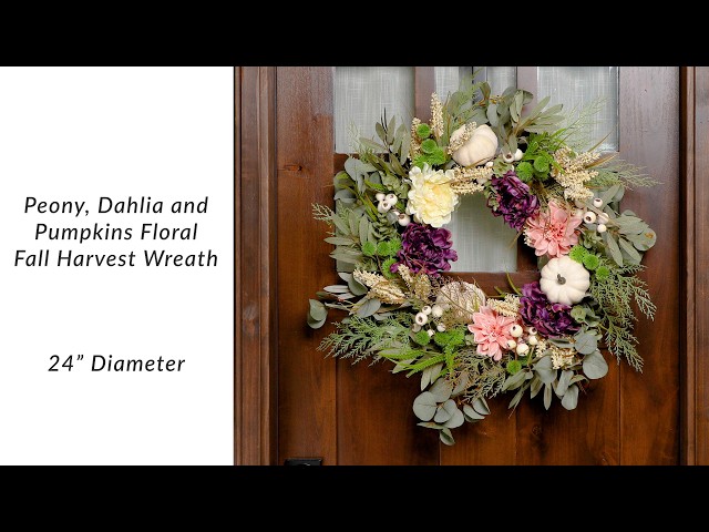 Peony, Dahlia and Pumpkins Artificial Floral Fall Harvest Wreath | Northlight YK93244