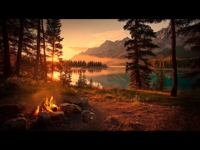 Between the Days | The Lake Turns to Gold 🌅🔥🏔️ Campfire Lake Ambience 24/7 LIVE