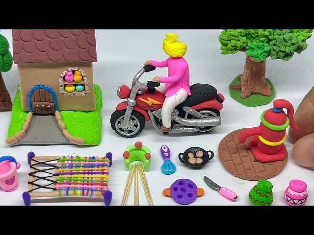 DIY Clay Village Miniatures | How to Make Polymer Clay Miniature House, Motorbike & Cute Kitchen Set