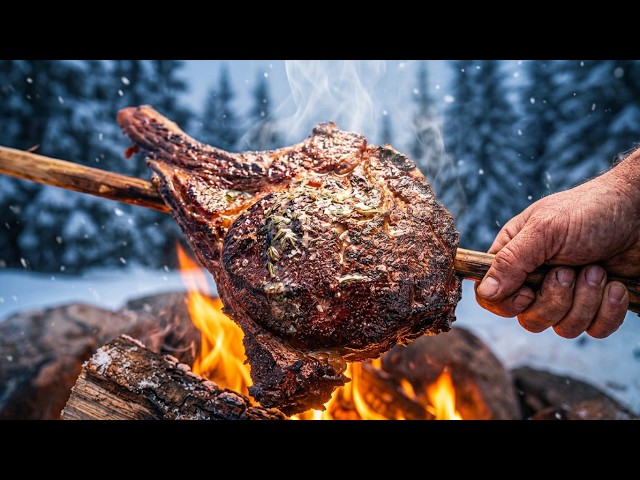 Ribeye Steaks on Wooden Spears in a Carpathian Snowstorm.