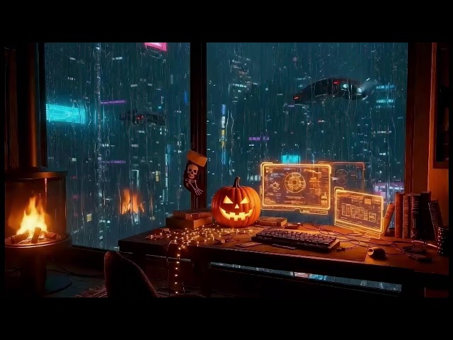 🔴 Cyberpunk Halloween 🎃 Heavy Rain & Brown Noise 24/7 | Sleep, ADHD | Lluvia | 睡眠用BGM | 빗소리