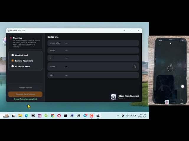 HiddeniCloud (Windows) A12+ iPhone Xr-17PM | Hidden iCloud Account - Ẩn tài khoản iCloud iOS18-27.x