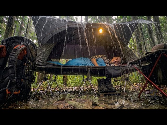 Floating Tent Amid Heavy Rain Hitting the Forest - Solo Camping