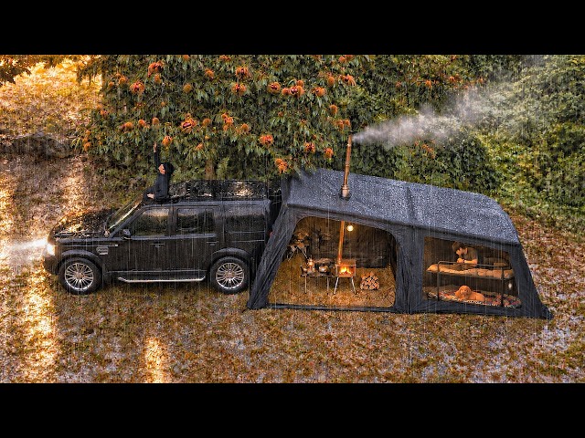 Camping in Forest with My Dog . Inflatable Tent with a 2-Tier Bunk Bed . Wood Stove ASMR
