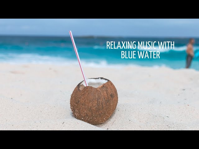 Relaxing music Perfect beach scene with white sand, blue water. Meditation, yoga, sleep