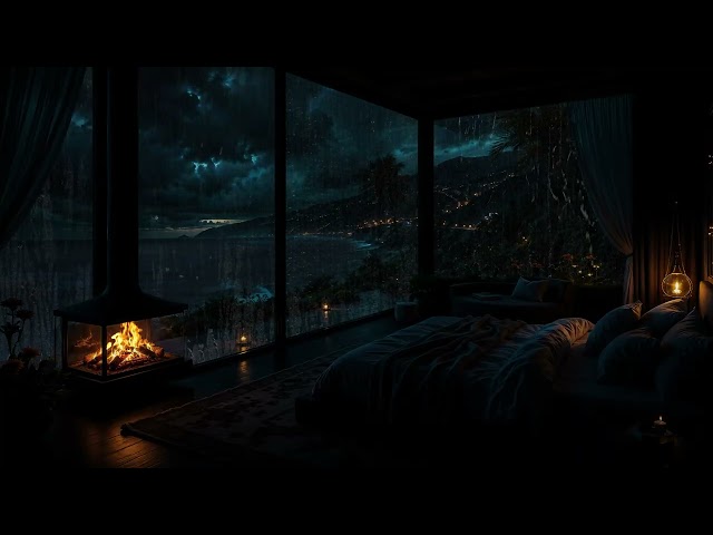 Rainstorm Night Seaside🔥⛈️Fireplace & Thunder Sounds | Perfect Cabin Sleep Vibes & Rest (NO ADS)