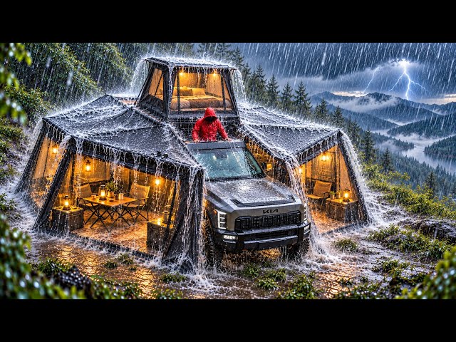HEAVY RAIN CAMPING ⛈️ I BUILT 2+1 GIANT LIVING ROOMS IN A 2-STORY TRUCK CAMP