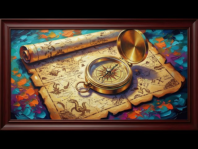 Vintage Map & Compass Painting | Dark Wood Frame TV Art | Adventure 4K TV Art Screensaver - 2 Hrs