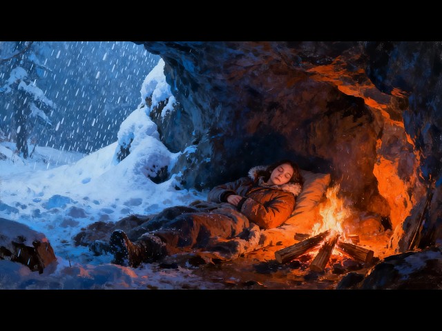 Winter Sleep Calm with Soft Snowfall and Cozy Firelight Music