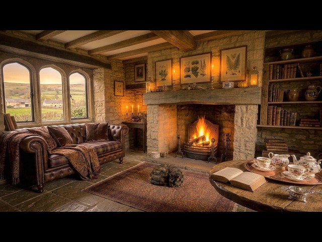Cozy Cotswold Cottage 🔴 Live | Crackling Fire & Soft Rain on a Fall Evening