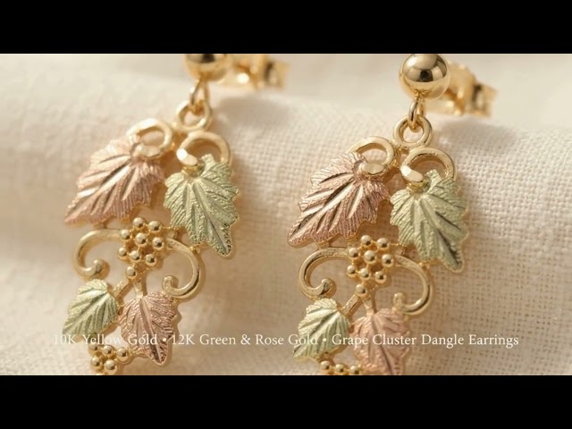 Black Hills Gold Grape Cluster Dangle Earrings – 10K Yellow Gold with 12K Green & Rose Gold Leaves
