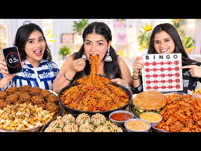 Bingo🤯 Food Eating Challenge🔥 | 🥵Spicy Red Sauce Pasta, Kurkure Momo's, Desi Chowmein, Cheesy Fries
