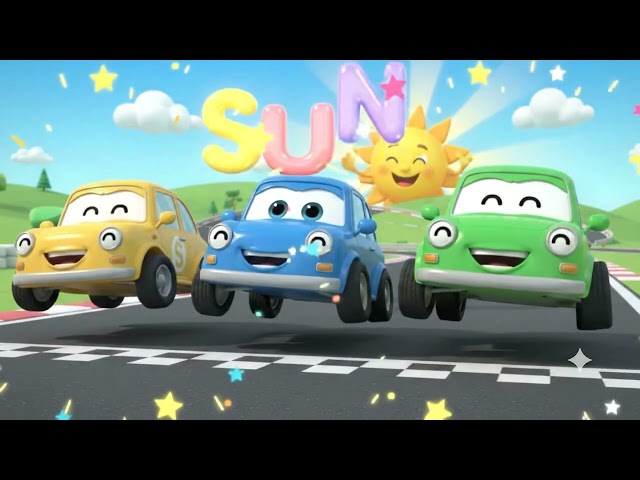 🚗☀️ Let’s learn to spell **SUN** with our fun cartoon cars!
