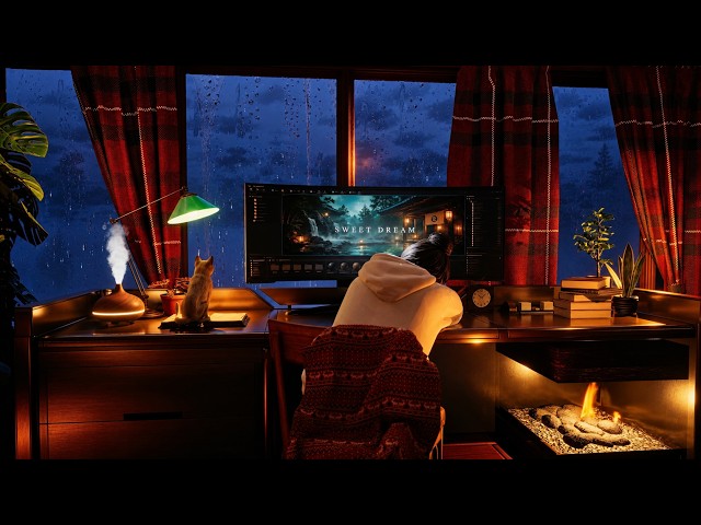 Cozy Workspace with a Cat | Rain on Windows & Crackling Fire Sounds for Sleep