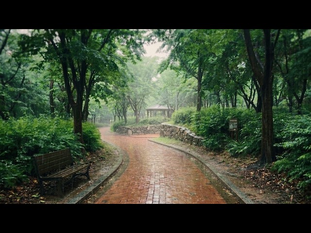 Calm Overthinking Mind Heavy Rain Sounds on Red Brick Walkway for Deep Relaxation & Healing (5 Min)