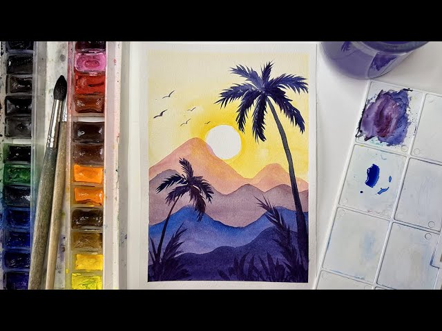 Calm Watercolor Sunset | Relaxing Landscape Painting