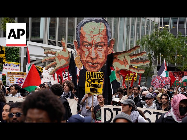 Protesters gather near the United Nations as Netanyahu gives speech