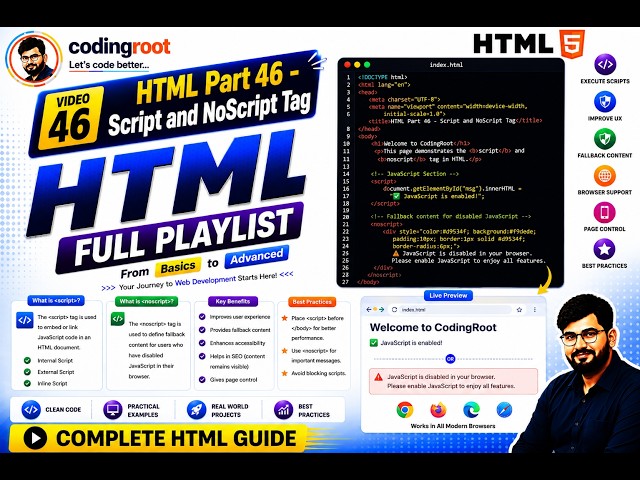 Complete HTML Tutorials for Beginners | Part 46 Script and NoScript Tag in HTML| #html #codingroot