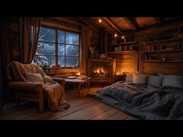 Cozy Thunderstorm & First Snow Sounds 🍂❄️🔥 Crackling Fireplace Cabin for Deep Sleep