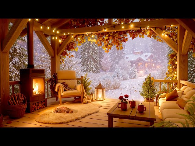 Cozy Cabin First Snowfall Ambience ❄️🔥 – Crackling Fireplace, Sleeping Cat & Relaxing Winter Sounds