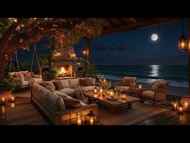 Warm Oceanfront Cabin at Night | Gentle Waves with Fireplace Crackles for Deep Sleep and Relaxation