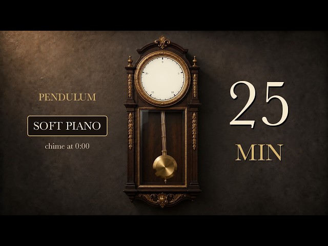 25 Minute Timer 🕰 Pendulum Clock with Soft Ticking, Soft Piano & Chime Alarm | Pomodoro Study Timer