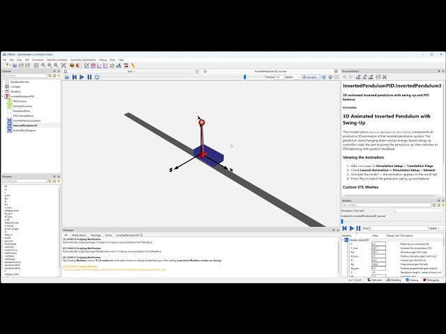 Inverted Pendulum Swing-Up — 3D MultiBody + C Controller in OpenModelica