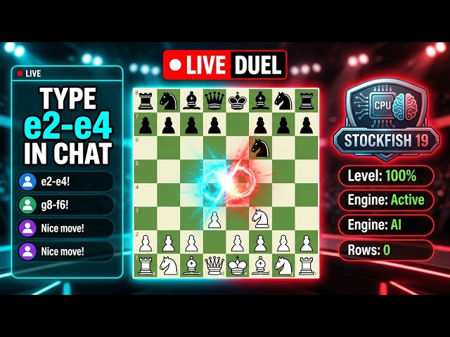 Play Chess LIVE by typing moves in CHAT | e.g single move: E2,E4 | Music🎵 |  playable | StockFish 19