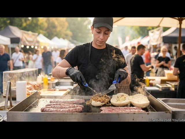 Big Sandwiches with Grilled Soft Sausages. Italy Street Food Fair