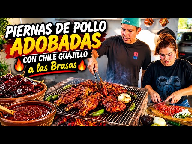 Guajillo-marinated chicken legs grilled over hot coals