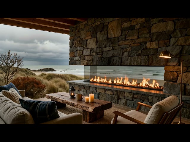 Autumn Coastal Patio Fireplace 🍂🌊 | Cozy Oceanfront Deck with Crackling Fire & Sea Views