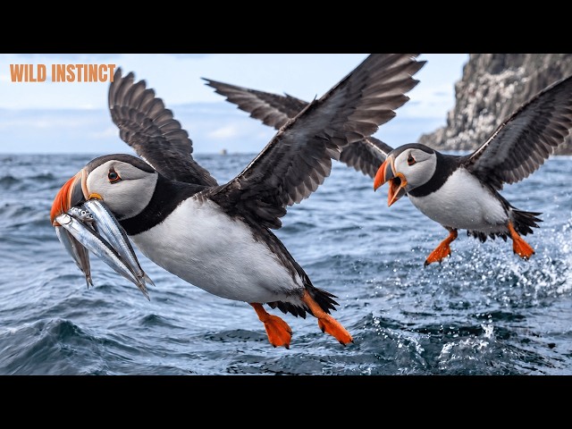 ATLANTIC PUFFIN A DAY RAISING ITS CHICK AMONG CLIFFS AND DANGER