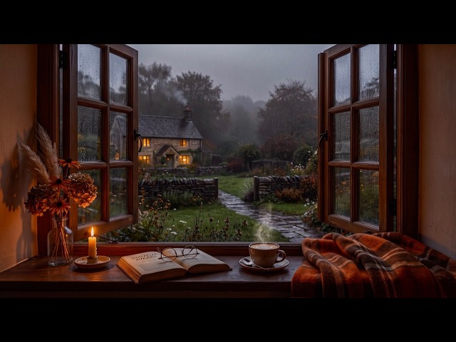 Gentle Rain on Window & Autumn Cottage Garden 🍁 Peaceful Nature Sounds to Calm Your Mind 4K