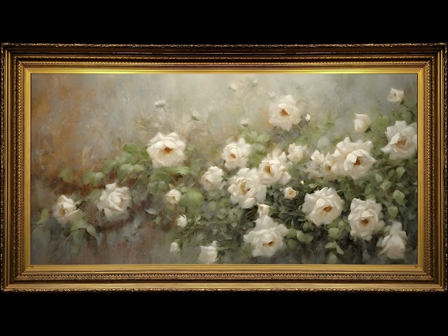 White Roses Garden, Vintage Oil Painting | Framed Impressionist Art for TV