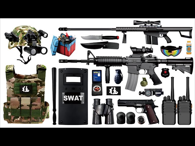 Open the box and collect toy guns, M4A1 assault rifle, Glock pistol, walkie talkie, tactical helmet