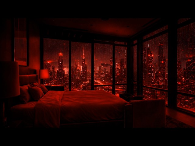 Heavy Rain & Red Light Ambience 🌧️ Luxury City Bedroom | Deep Sleep, Relax, White Noise