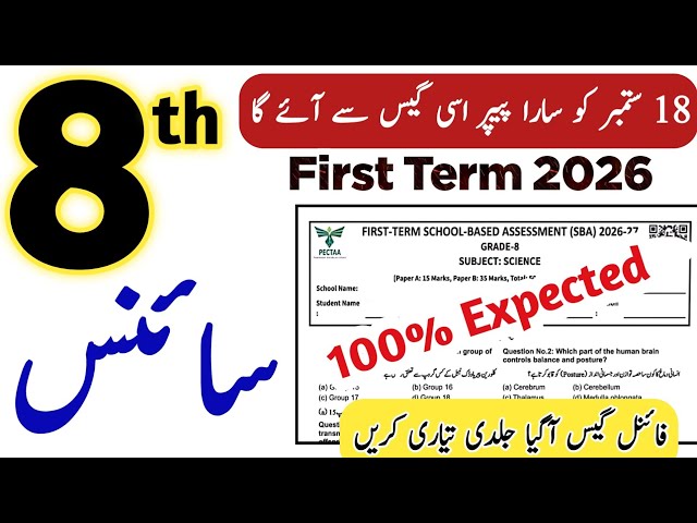 8th Class Science First Term Paper 2026 | SBA 8th Class Science Paper | PEC SBA 2026