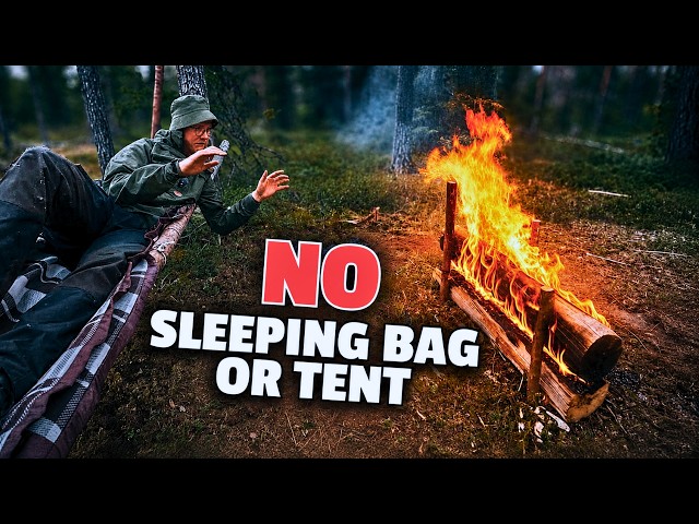 SURVIVING with a Traditional Nordic Log Fire - Bushcraft Camping [No Sleeping Bag]