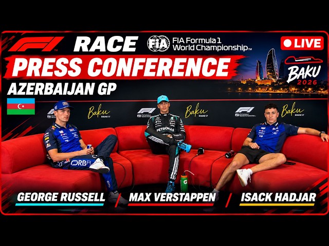 F1 Race Press Conference - Azerbaijan GP | George Russell, Max Verstappen, Isack Hadjar
