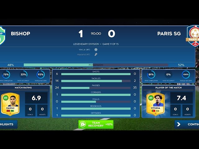 A Dream League Soccer match between BISHOP Vs PSG Paris Saint Germain Match day 8.