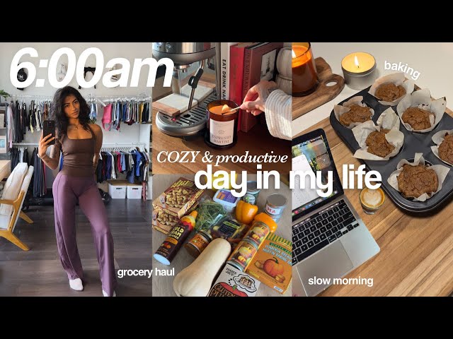 COZY & productive 6am day in my life | fall vlog, slow morning, cafe stop, baking & grocery haul