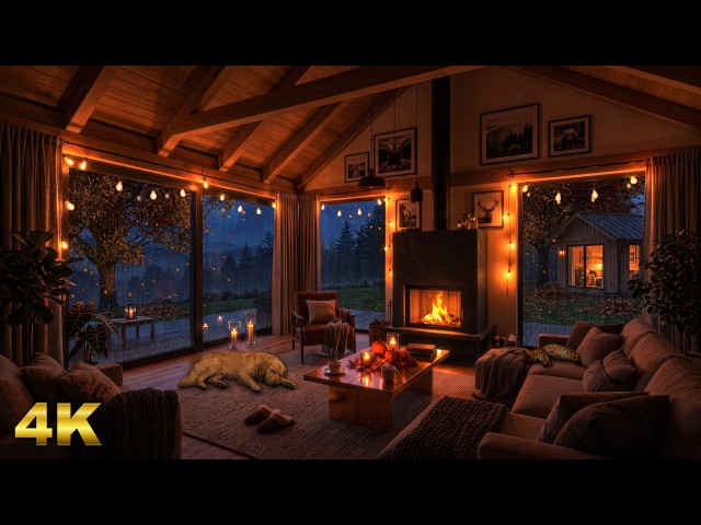 Autumn THUNDERSTORM in a Cozy Cabin | Rain Sounds & Crackling Fireplace 🍂🔥